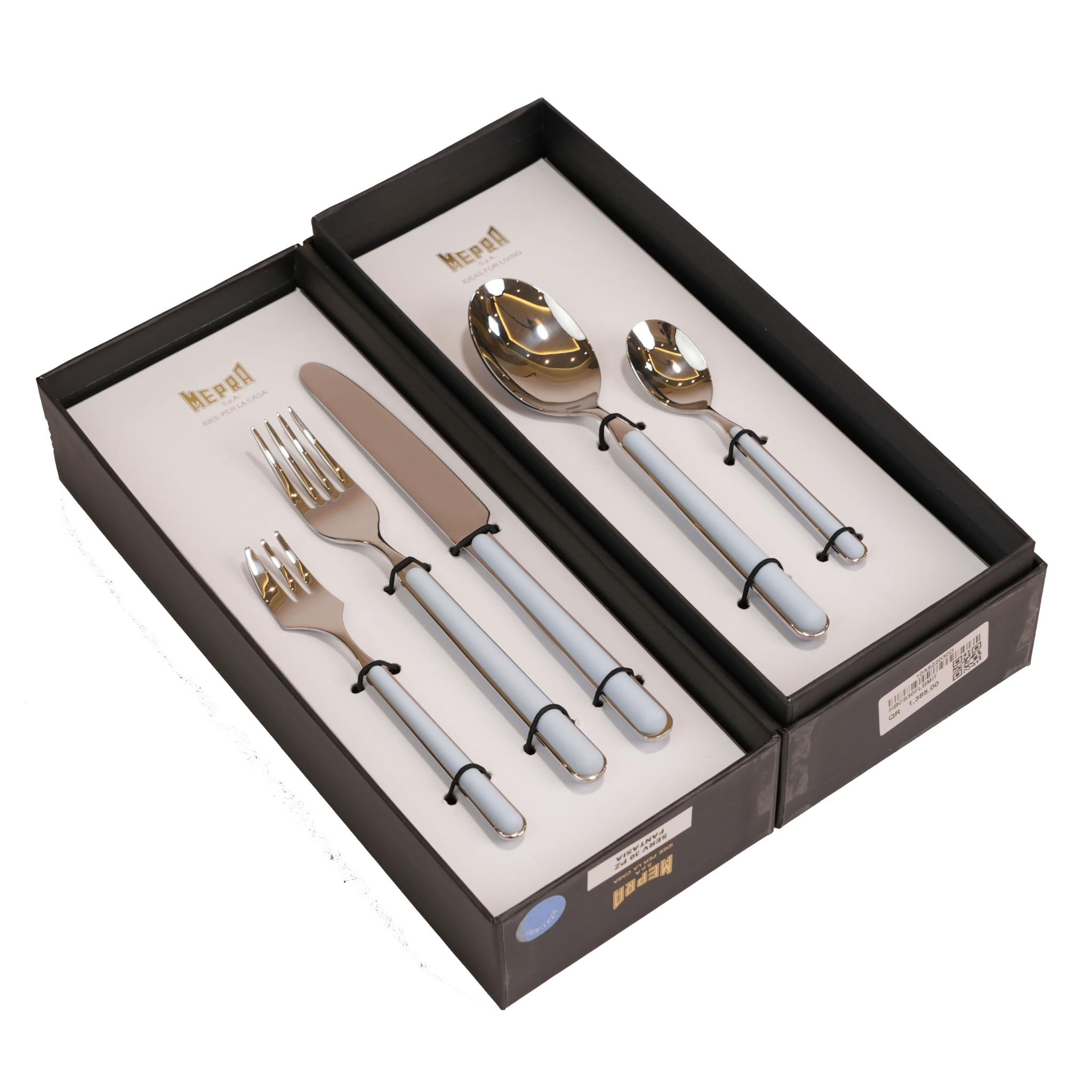 CUTLERY SET 30 PCS / SILVER COLOR AND LIGHT BLUE