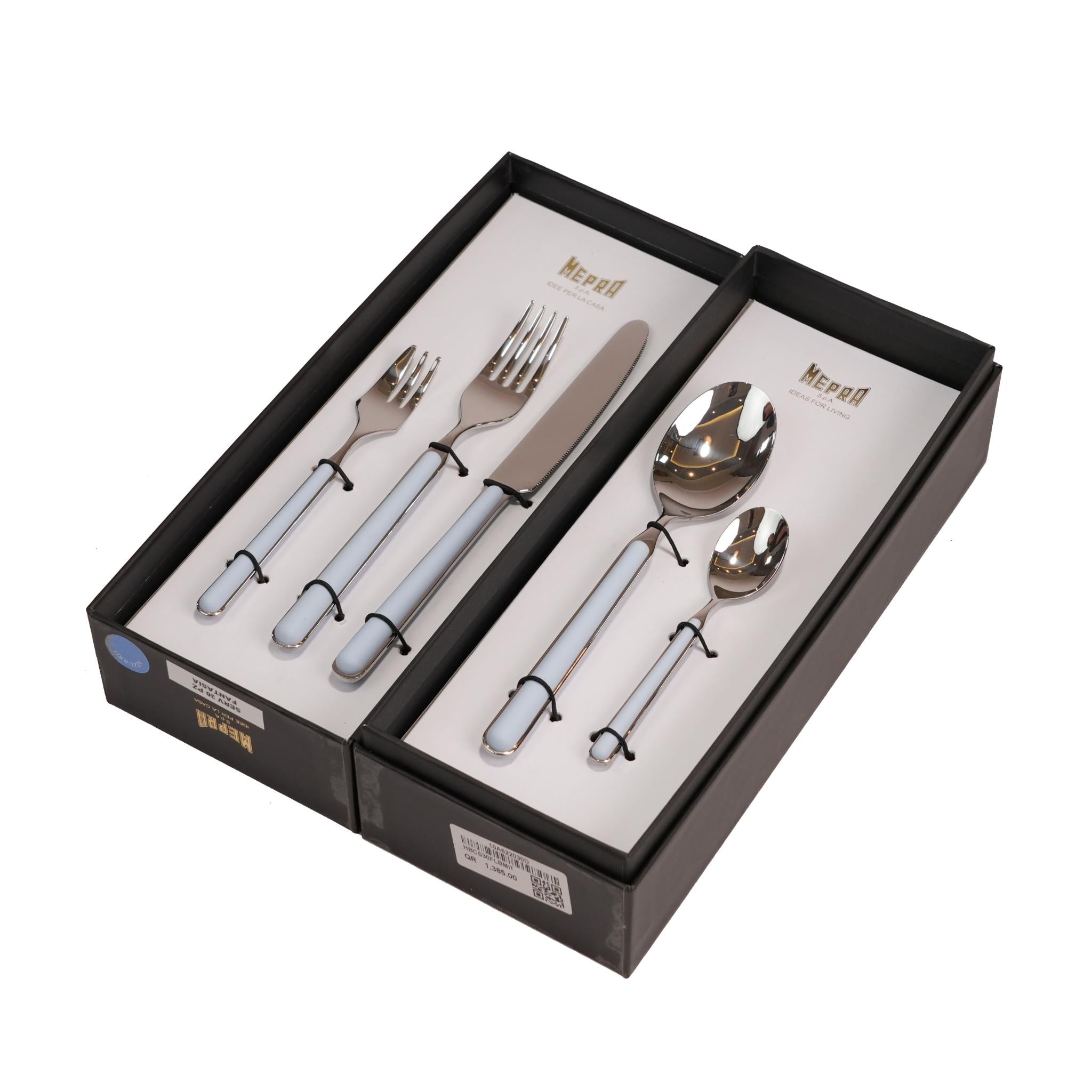CUTLERY SET 30 PCS / SILVER COLOR AND LIGHT BLUE