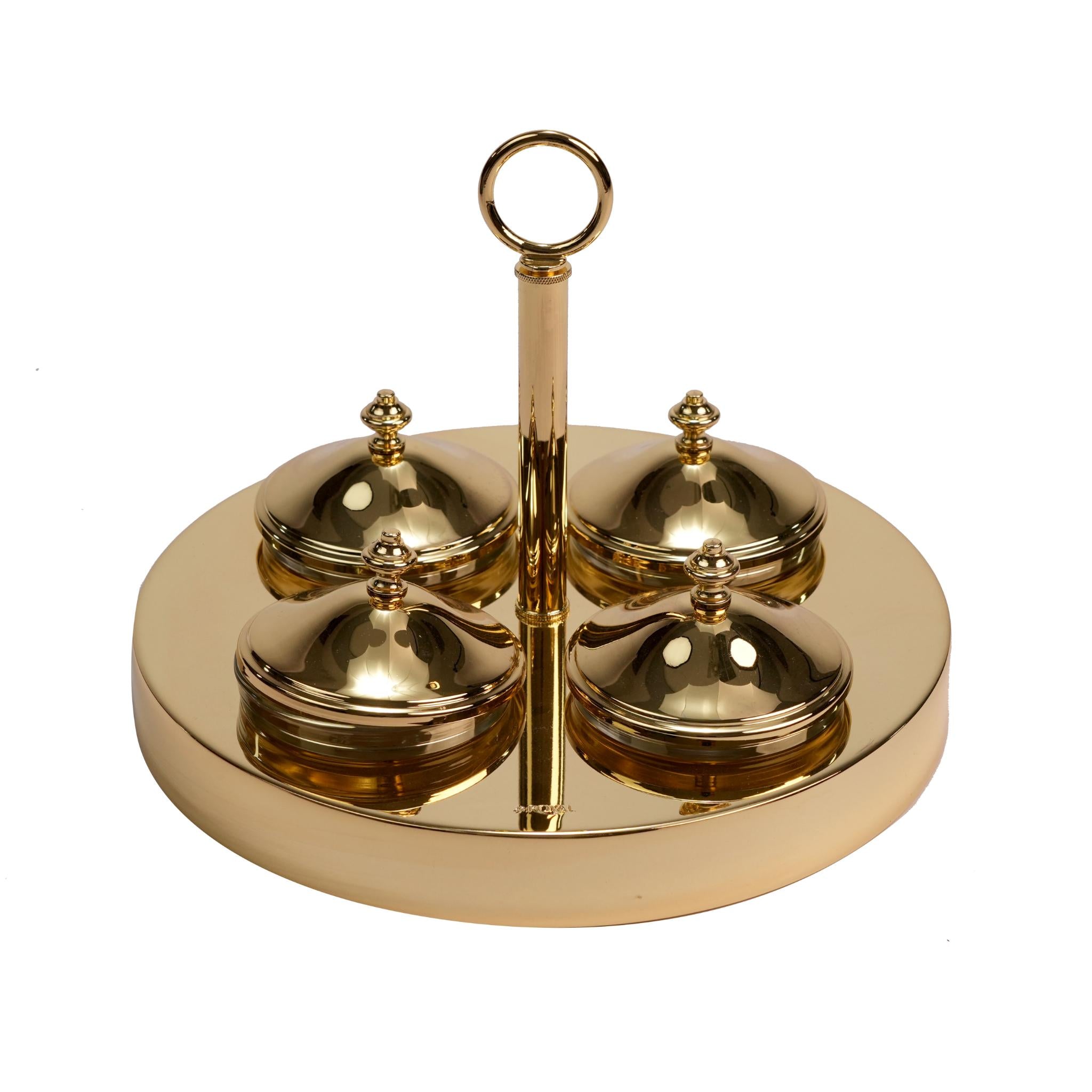 ROUND STAND WITH GLASS BOWLS  WITH COVERS / GOLD  PLATED