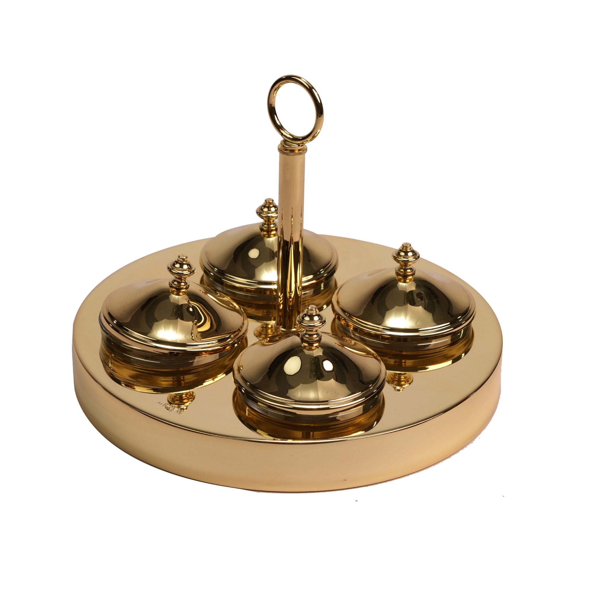 ROUND STAND WITH GLASS BOWLS  WITH COVERS / GOLD  PLATED