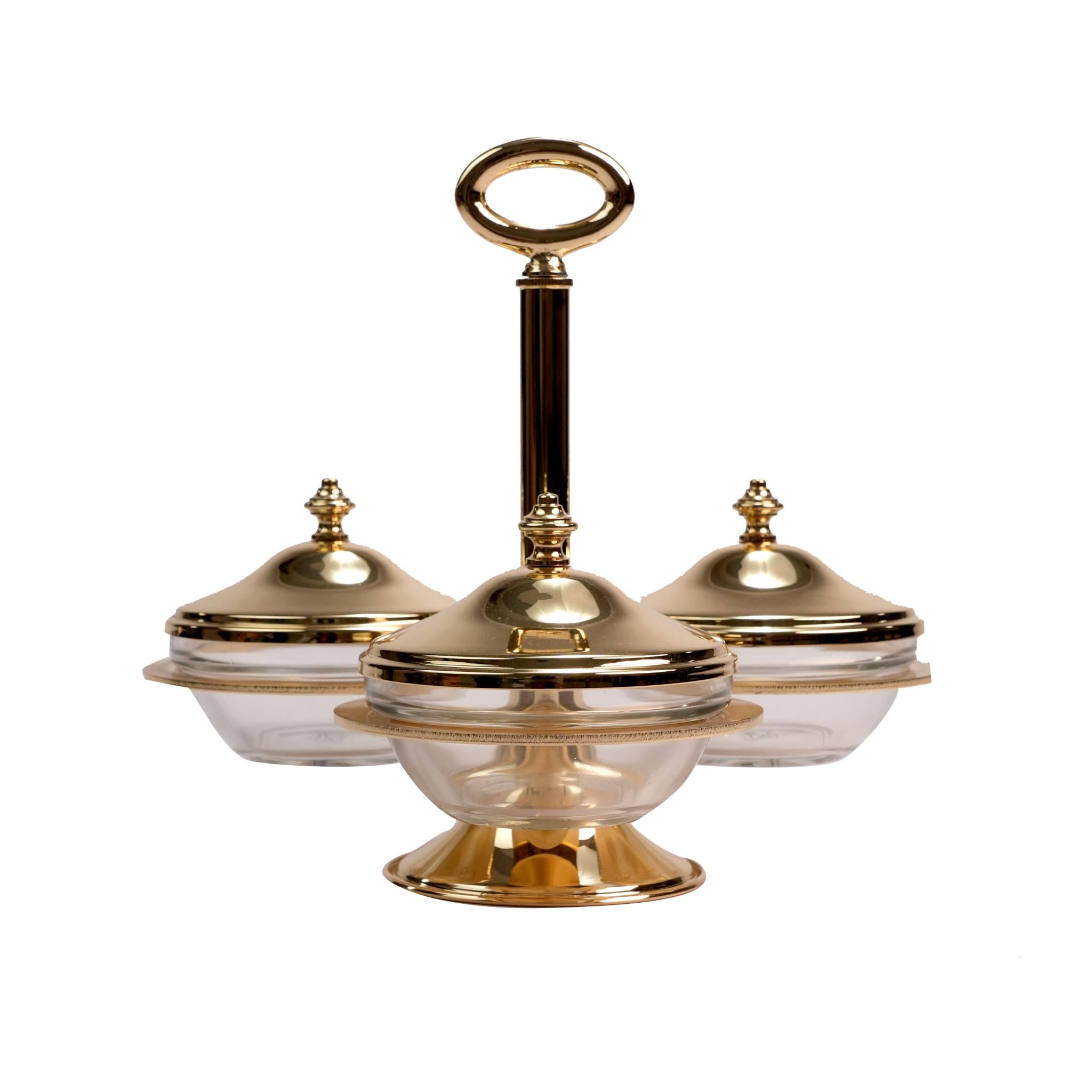 DATES HOLDER ,  3 GLASS  BOWLS  / GOLD PLATED