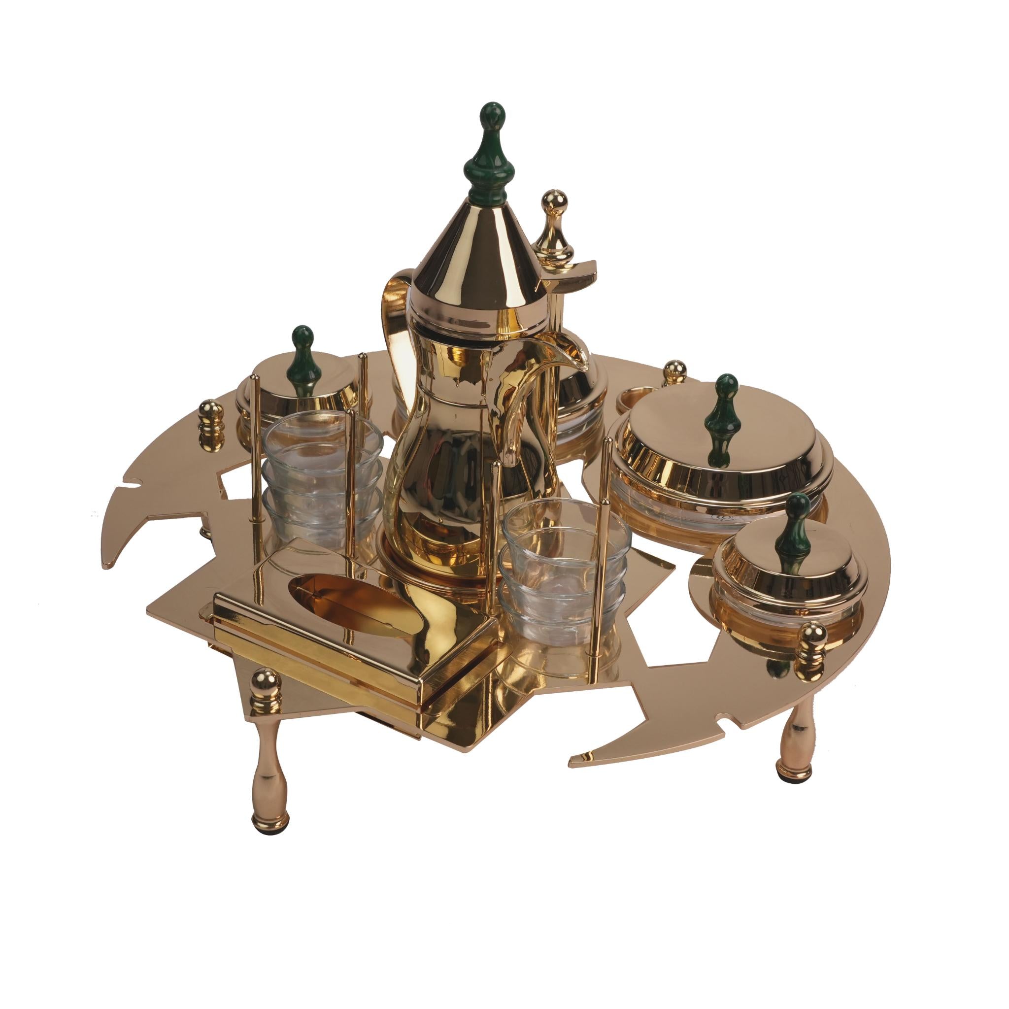 SERVING STAND WITH DALLAH AND DATES BOWLS  / GOLD PLATED