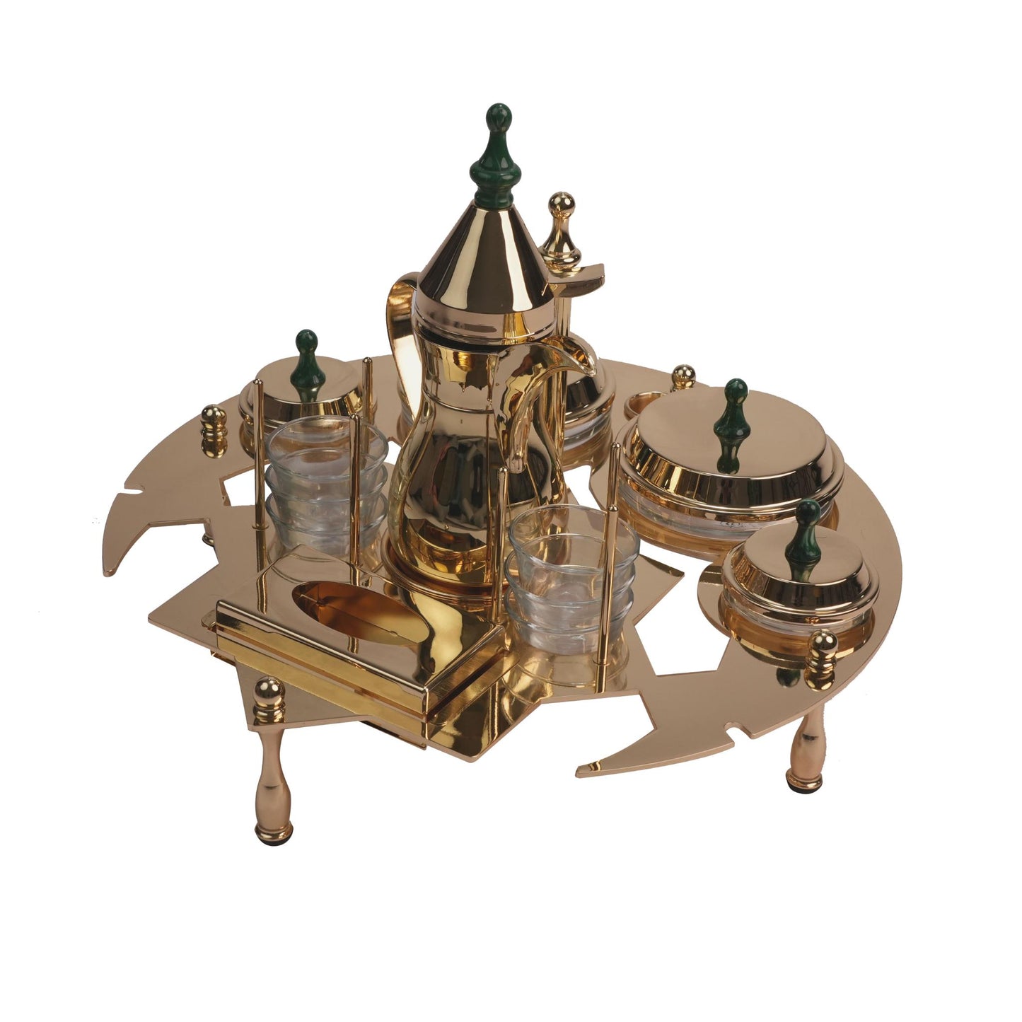 SERVING STAND WITH DALLAH AND DATES BOWLS  / GOLD PLATED