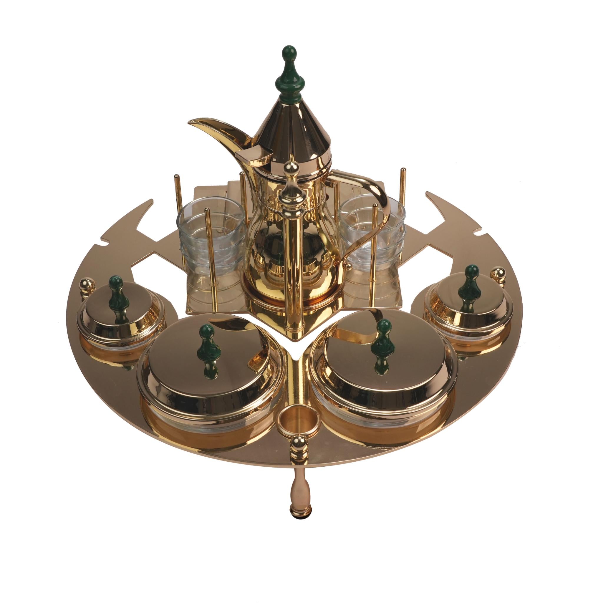 SERVING STAND WITH DALLAH AND DATES BOWLS  / GOLD PLATED