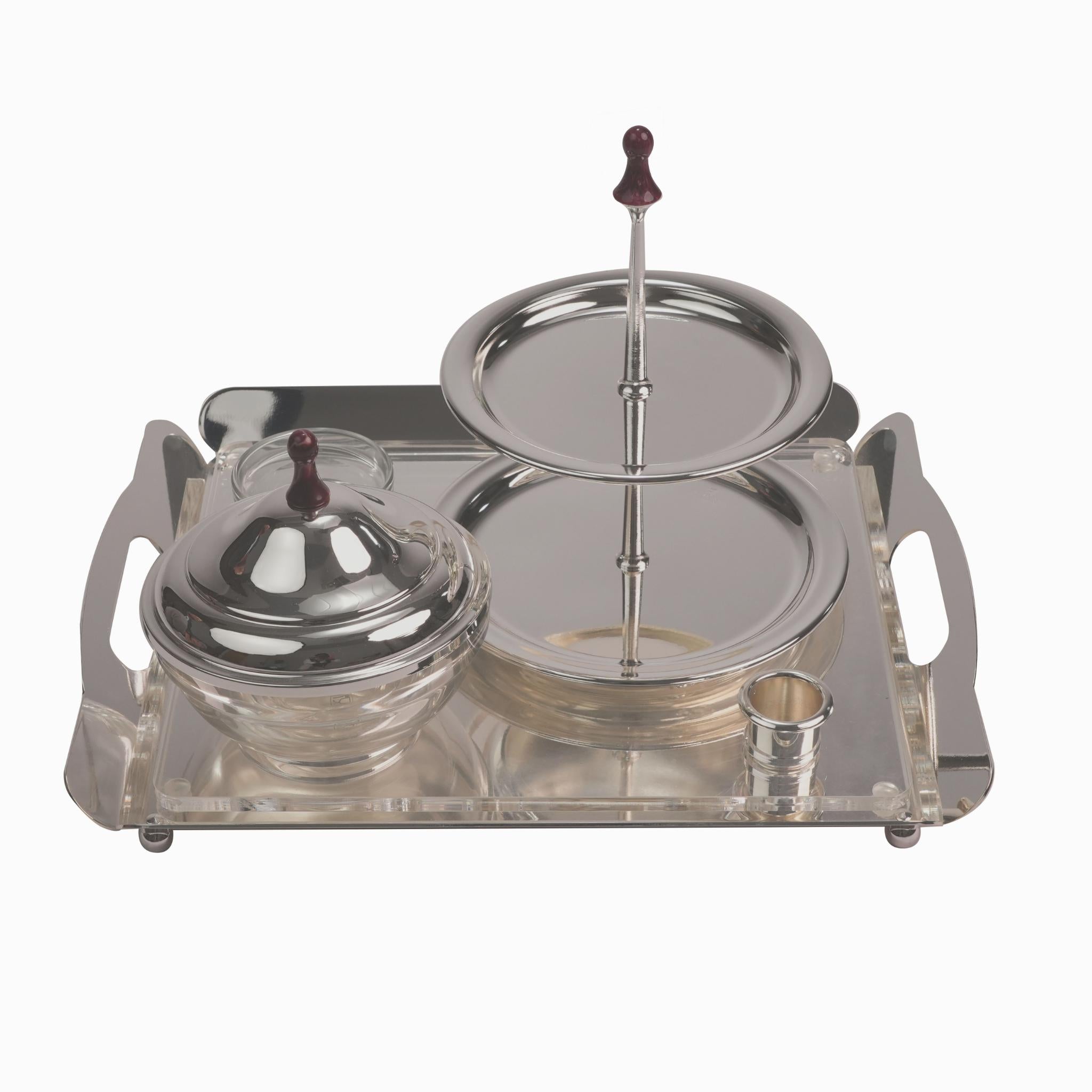 SREVING   STAND TRAY WITH  BOWL &  2 LAYER  JASPER KNOBS DESIGN / SILVER PLATED