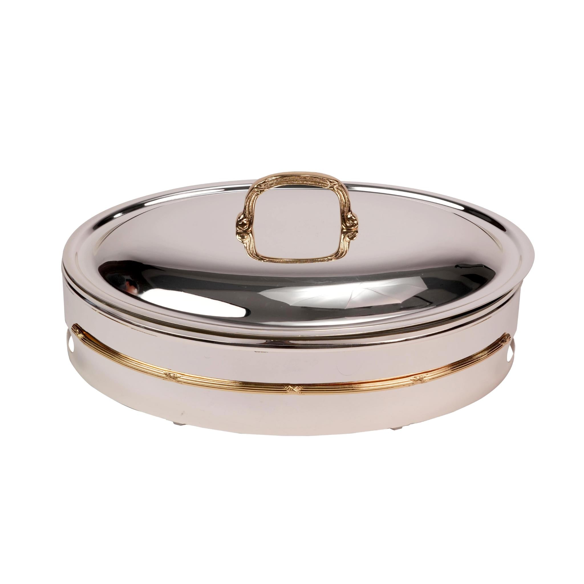 OVAL CONTAINER WITH PYREX WITH GOLD BORDOUR DESIGN / SILVER PLATED