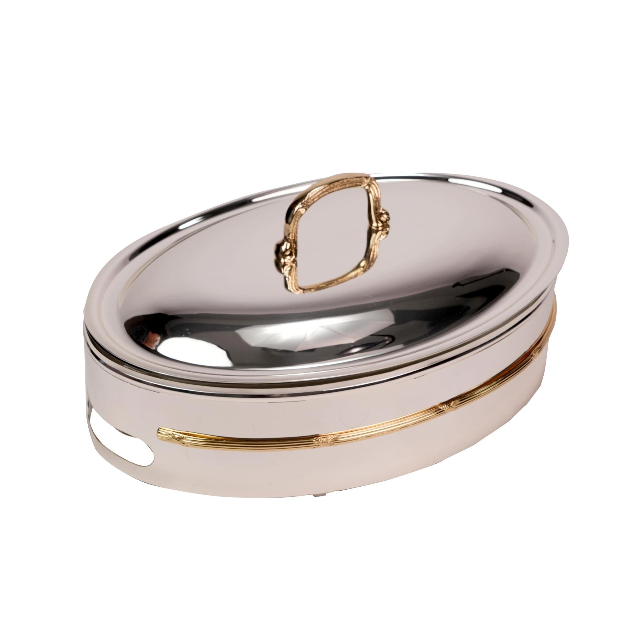 OVAL CONTAINER WITH PYREX WITH GOLD BORDOUR DESIGN / SILVER PLATED