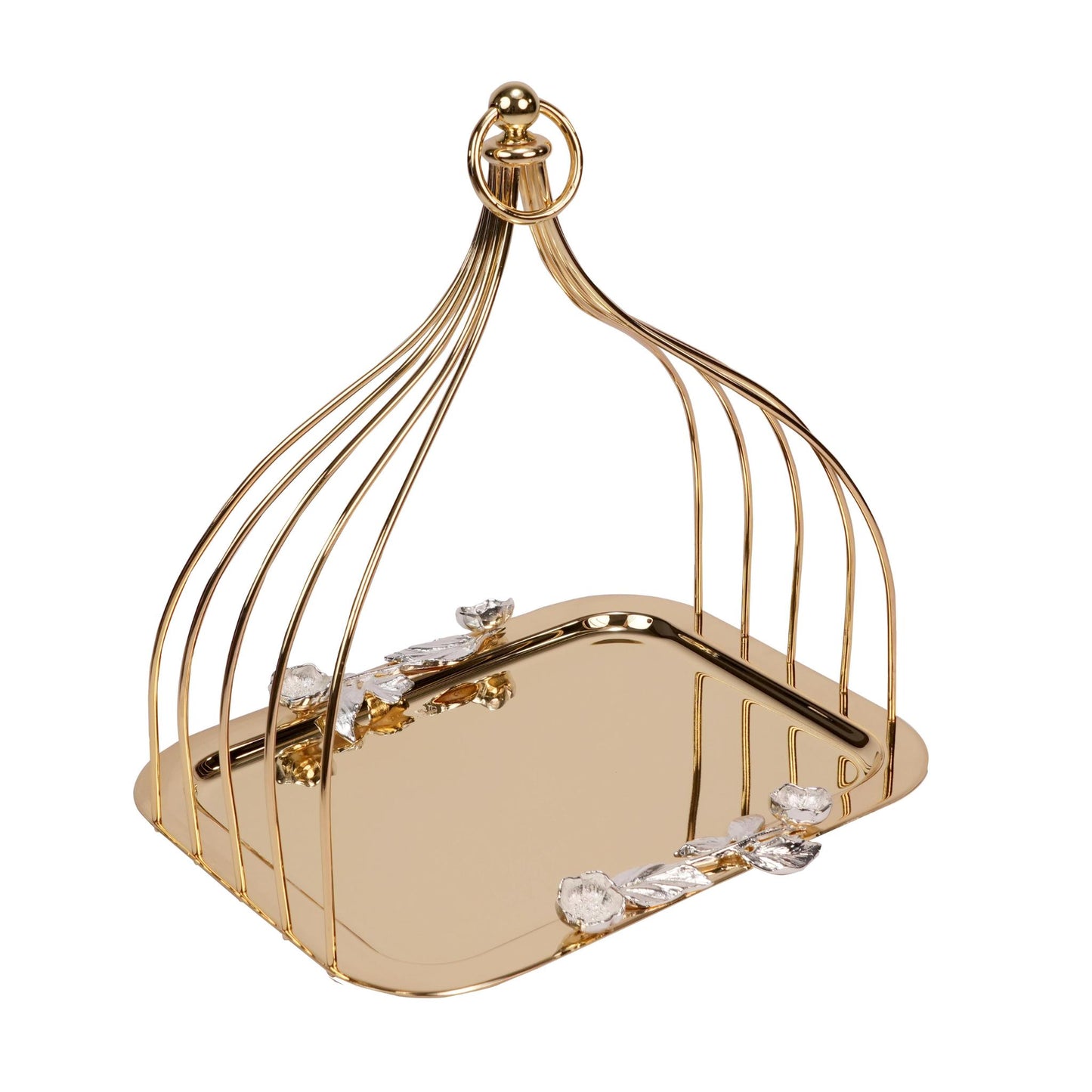 TRAY WITH CAGE SHAPED ,  SILVER FLOWER DECOR DESIGN / GOLD PLATED
