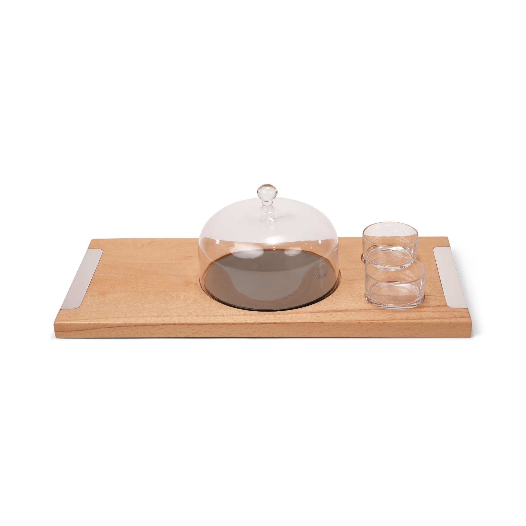 ESSENTIA ,  WOODEN  CHEESE  BOARD   WITH   DOME  AND BOWLS