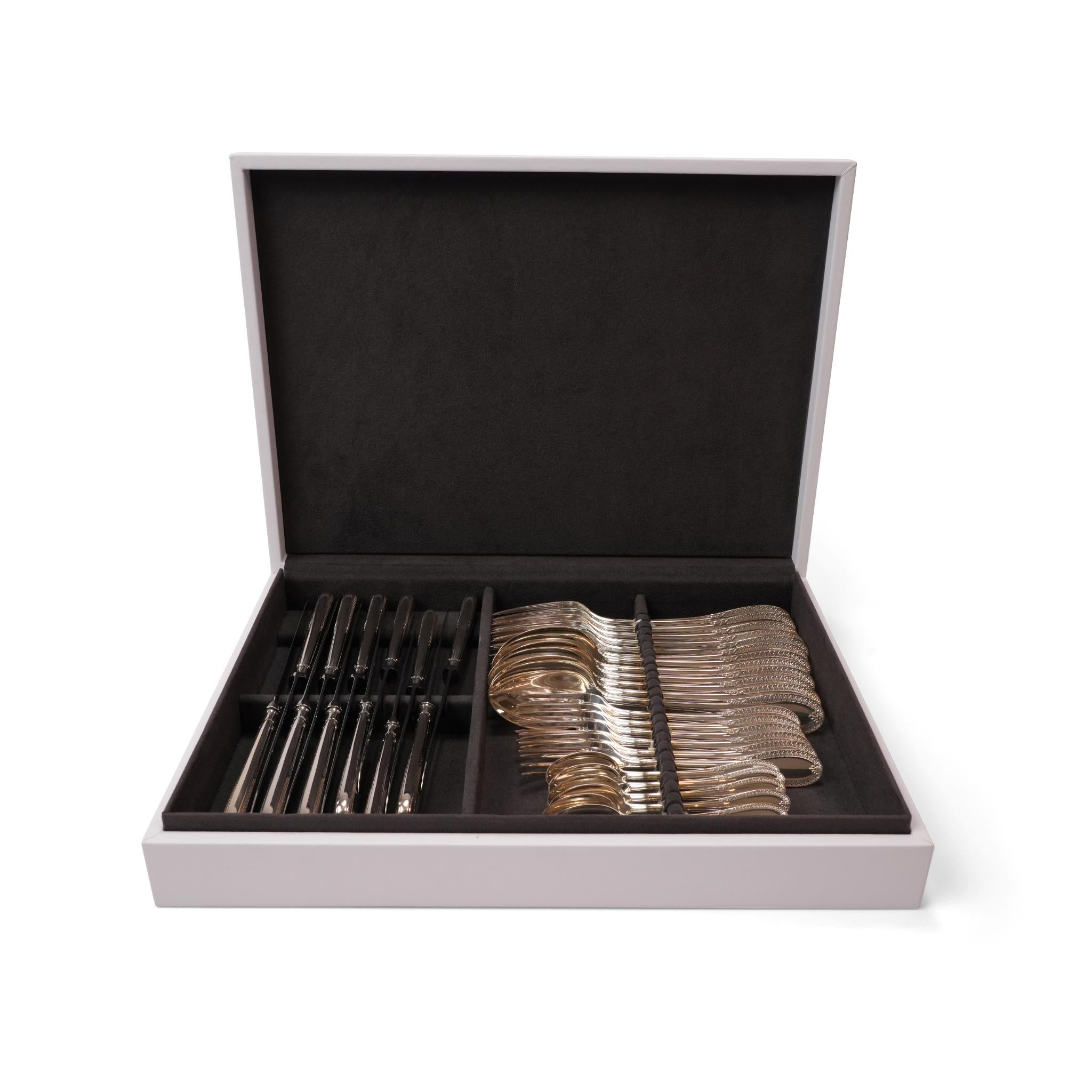 BAROCCO LEATHER  WOODEN BOX SILVER CUTTLERY SET  FOR 36 PIECES