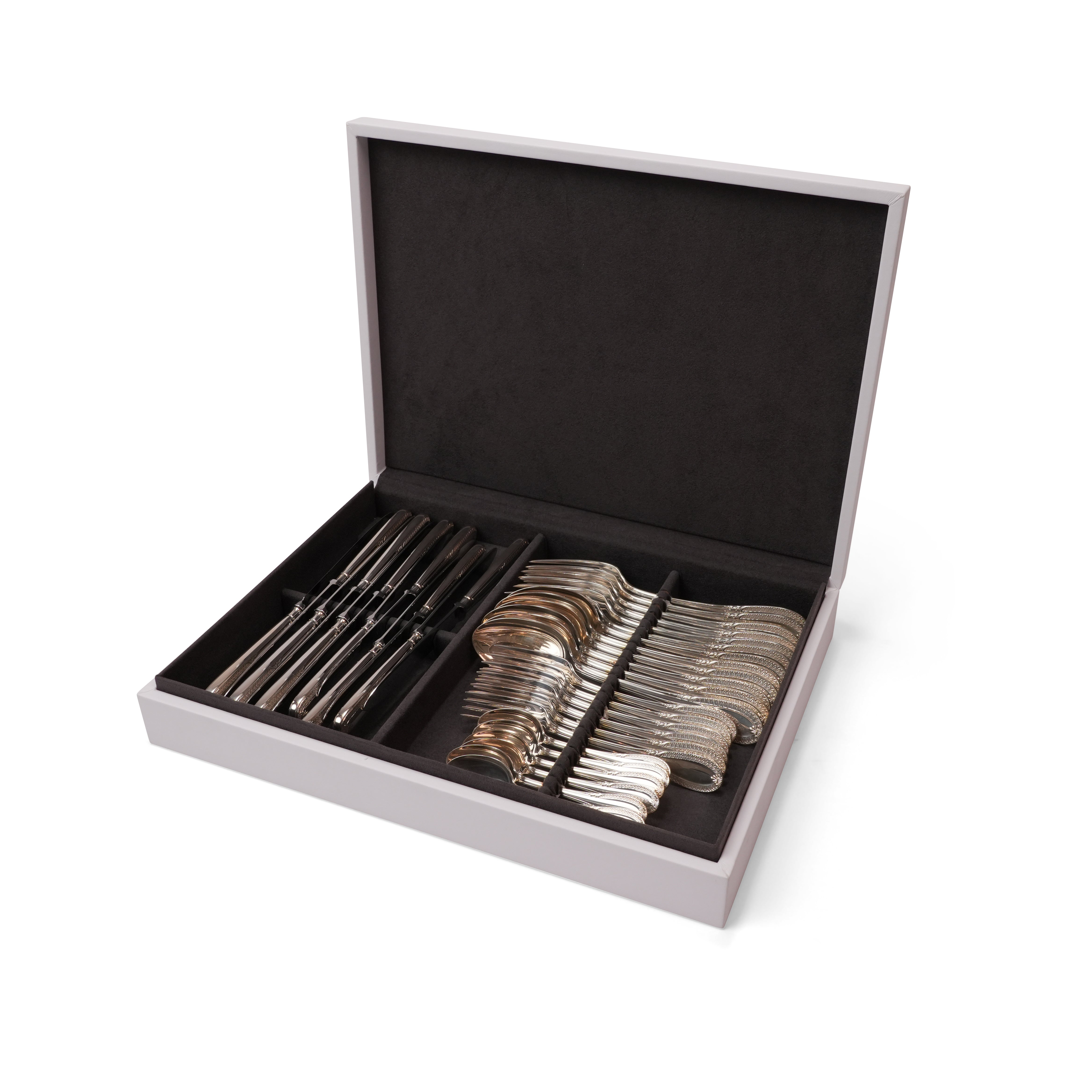 IMPERO LEATHER  WOODEN BOX SILVER CUTTLERY SET  FOR 36 PIECES