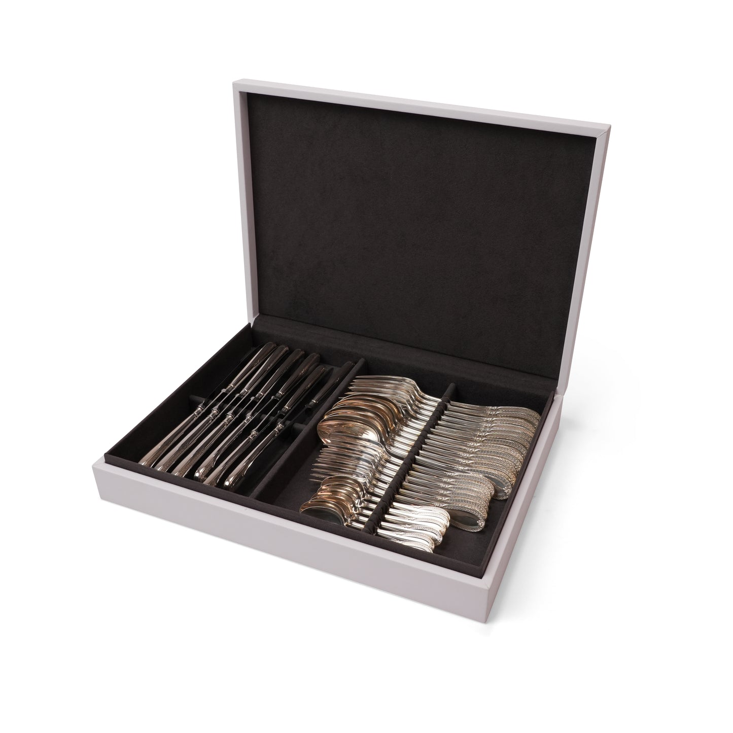 IMPERO LEATHER  WOODEN BOX SILVER CUTTLERY SET  FOR 36 PIECES